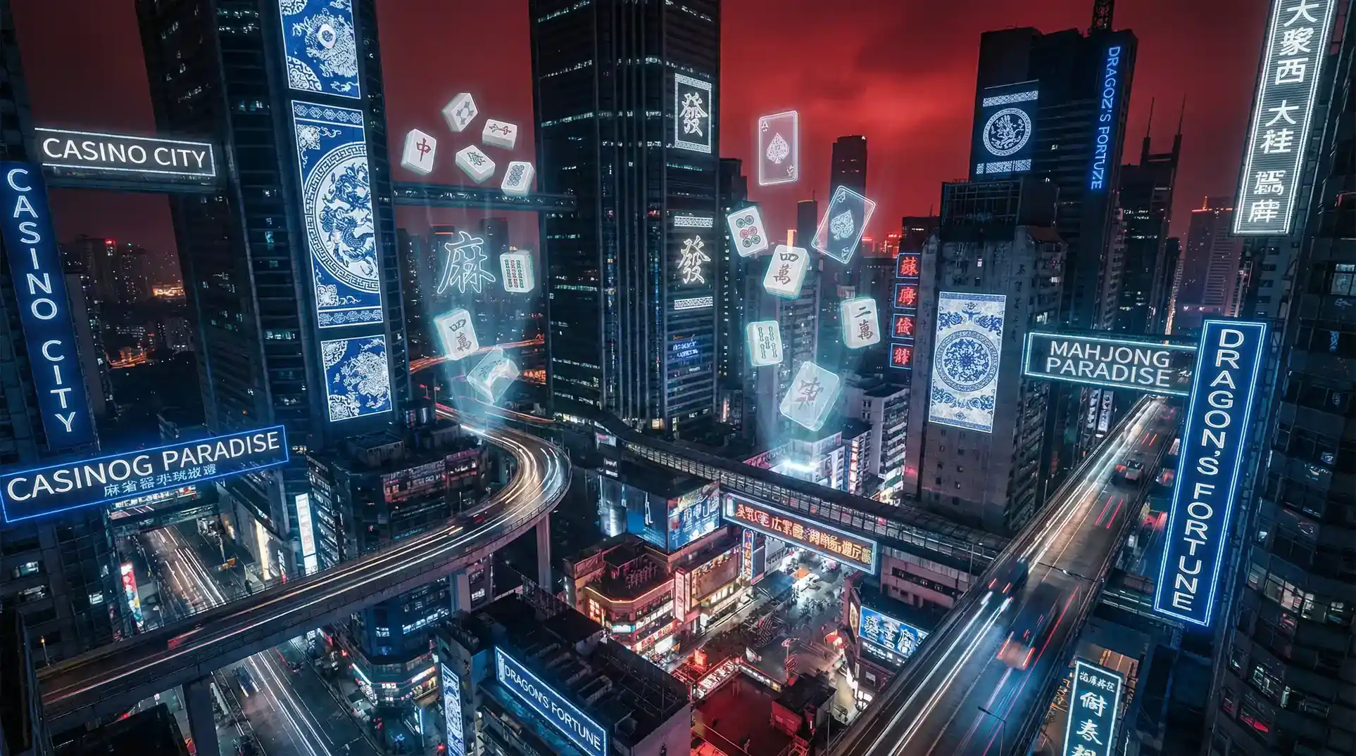 慕星棋牌 赛博朋克青花瓷都市夜景全景